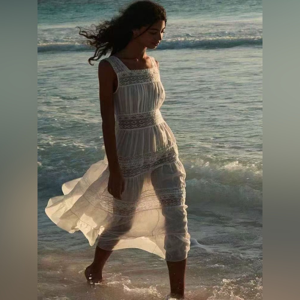 Doen White Lace Panel Tiered Beach Midi Dress